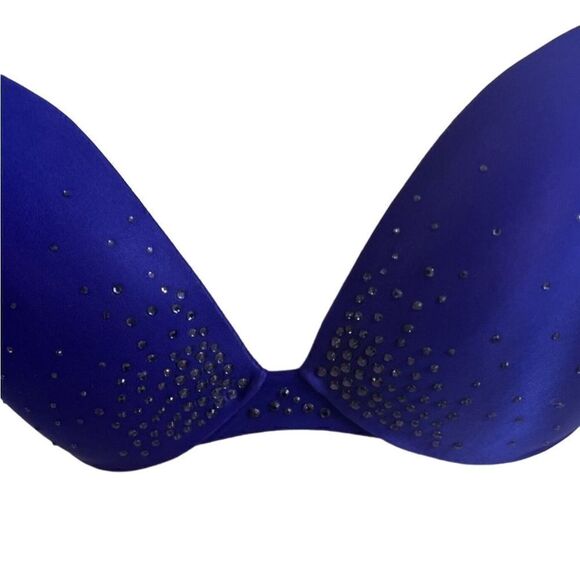VICTORIAS SECRET- Plunge Satin Midnight Blue W/ Rhinestones Padded Bra, Size 34D - Picture 9 of 12